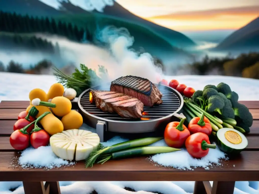 Una parrilla de invierno con vegetales y carne magra, sobre una mesa rústica de madera