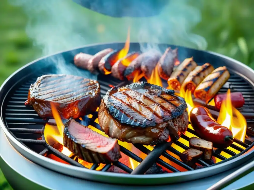 Una parrilla llena de carne jugosa rodeada de llamas y humo, en un escenario al aire libre