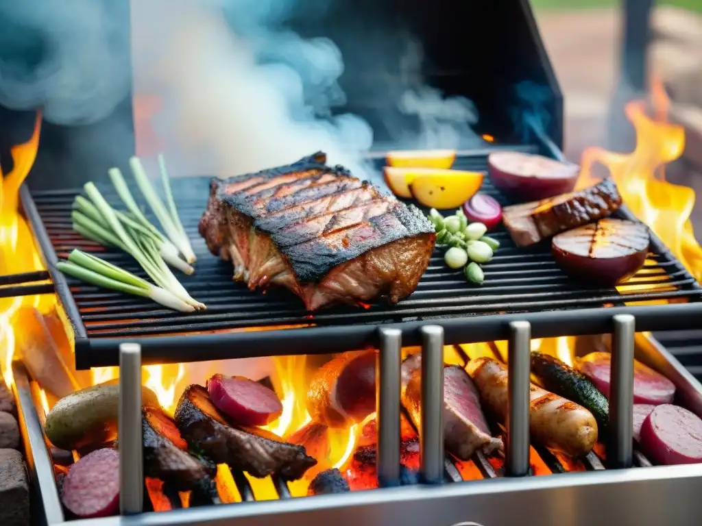 Una parrilla llena de carnes jugosas y vegetales listos para cocinar en un asado argentino, una escena deliciosa y vibrante