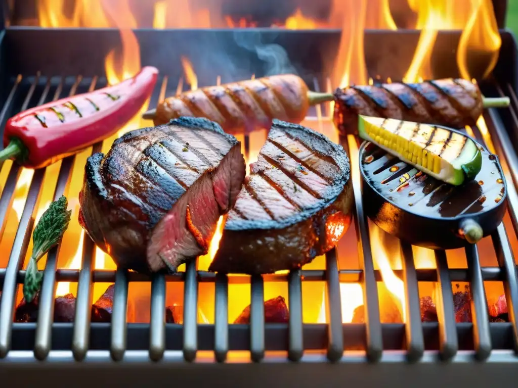 Una parrilla llena de carnes jugosas y vegetales asados, bajo un cielo anaranjado