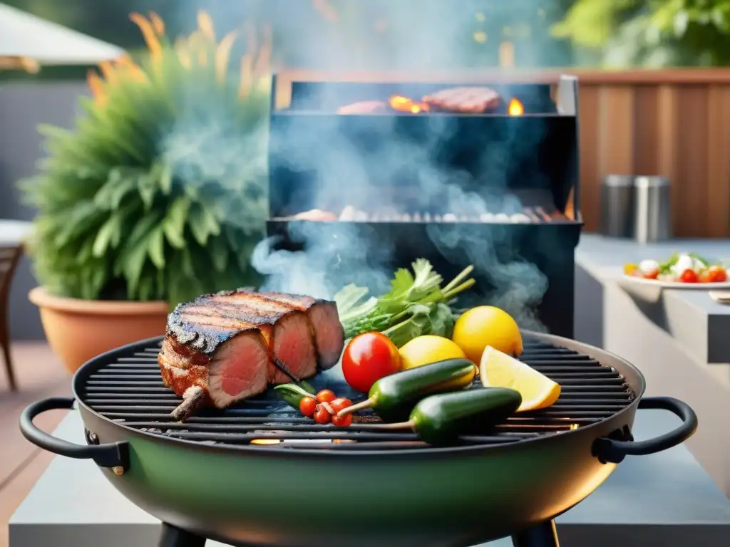 Una parrilla llena de carnes y verduras asándose al aire libre