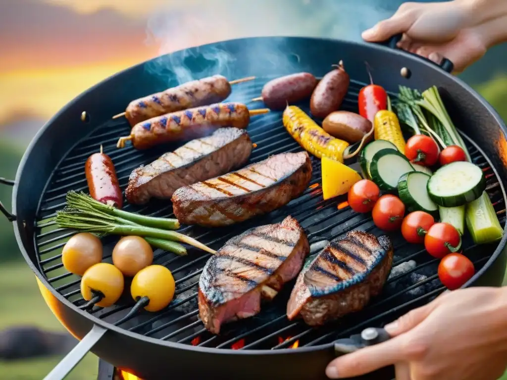 Una parrilla llena de coloridas verduras, jugosos filetes y chorizos asados, en un entorno al aire libre con un cálido atardecer dorado