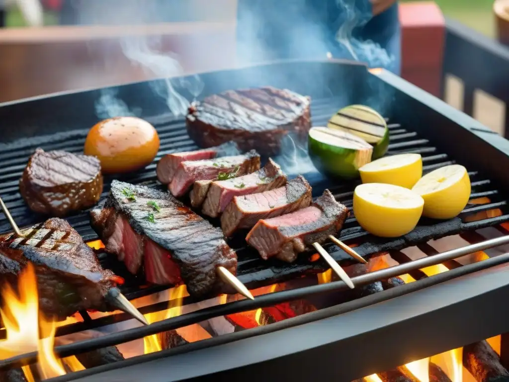 Una parrilla llena de cortes premium de carne, chorizos y verduras, todo perfectamente dorado y jugoso