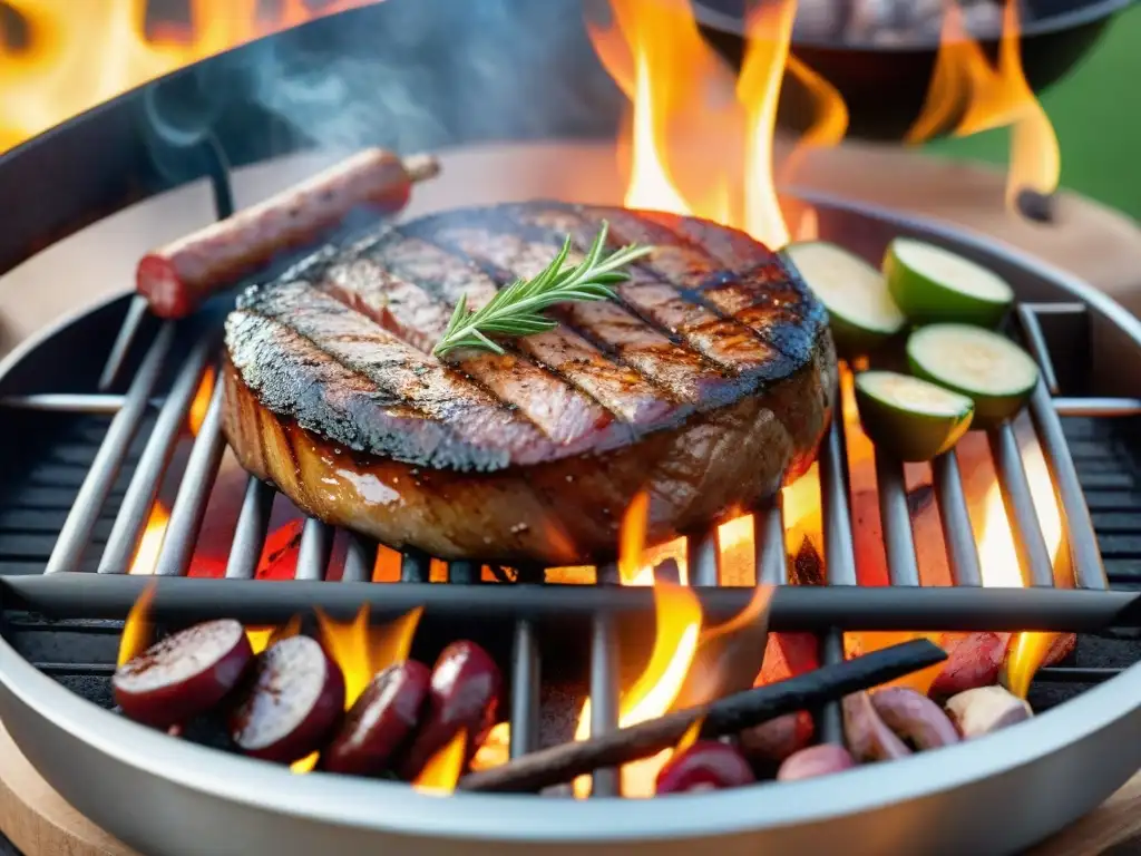 Una parrilla llena de deliciosos asados al aire, iluminada por la cálida luz del atardecer