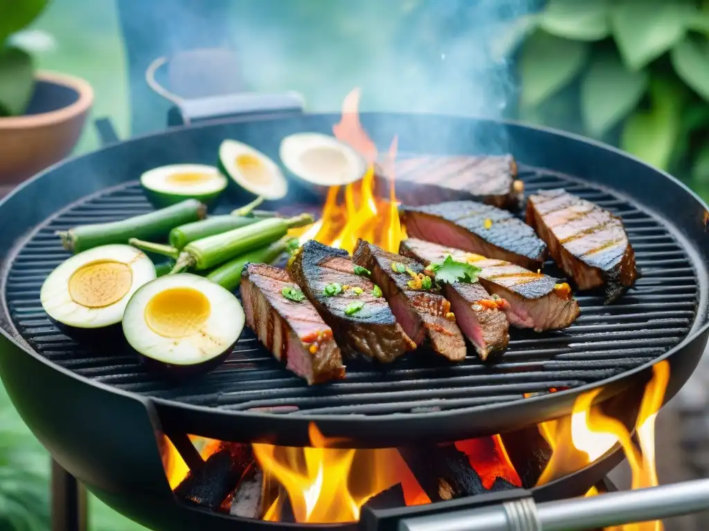 Una parrilla llena de exóticos ingredientes internacionales asados, en un jardín verde y soleado