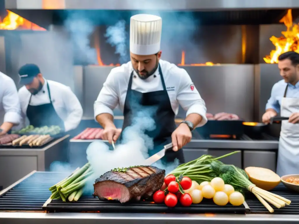 Una parrilla llena de opciones de asado saludables, rodeada de humo aromático en una bulliciosa cocina de restaurante