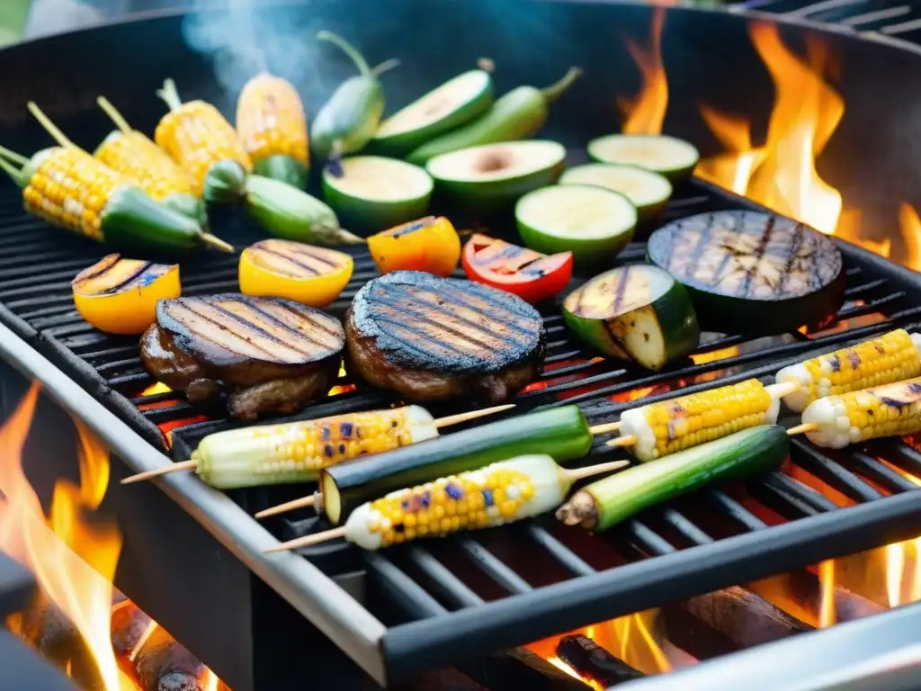 Una parrilla llena de opciones vegetarianas para asado uruguayo, con deliciosas verduras a la parrilla y ambiente festivo