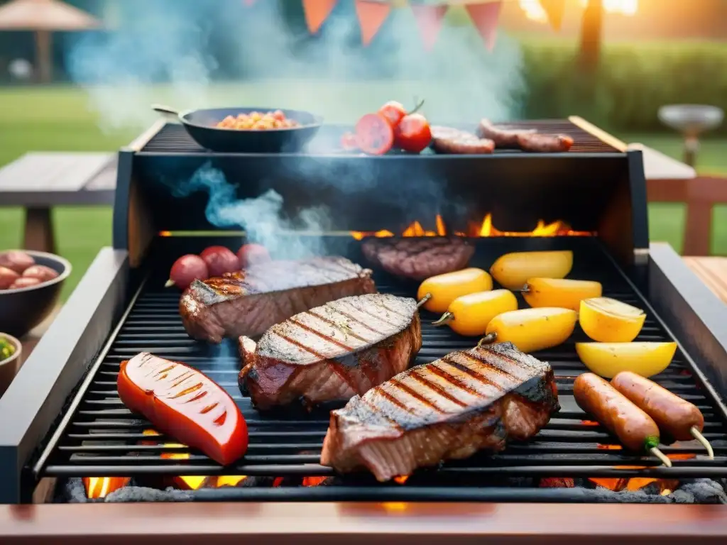 Una parrilla llena de suculentos asados al aire libre bajo la cálida luz del atardecer