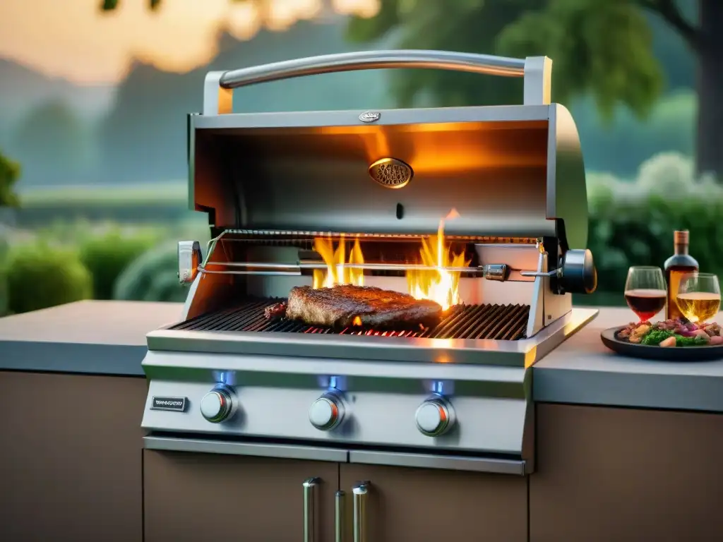 Parrilla de lujo con avances tecnológicos en un entorno de asado gourmet