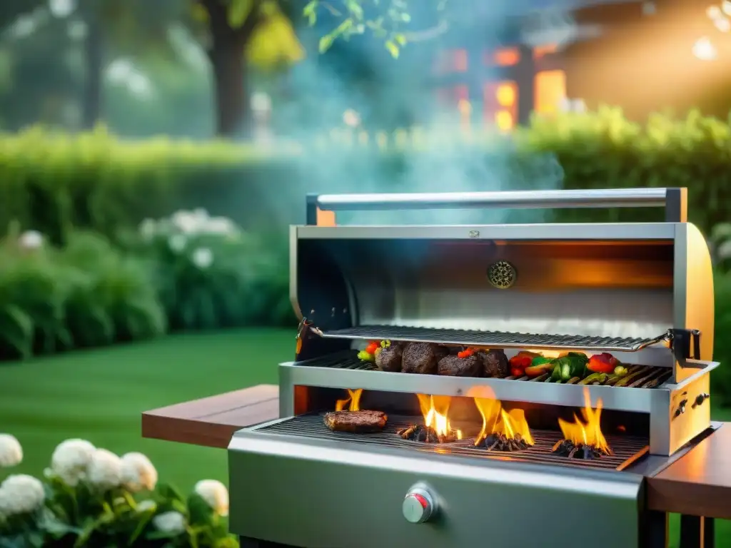 Una parrilla de lujo brillante en un jardín exuberante, ideal para asado uruguayo