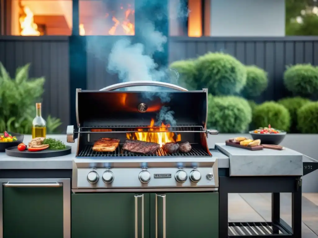 La parrilla de carbón de lujo en una cocina exterior elegante con encendedor, rodeada de plantas verdes vibrantes y una atmósfera cálida