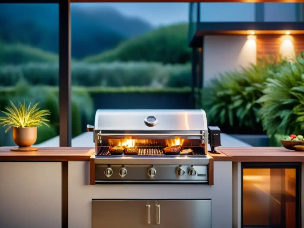 Una parrilla de lujo en un elegante entorno exterior, con diseño de acero inoxidable y detalles intrincados, iluminada suavemente