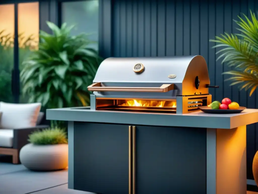 Una parrilla de lujo protegida por un elegante cubierta a medida en un lujoso patio al aire libre