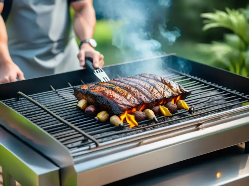 Parrilla a medida para asado en ambiente familiar al aire libre con diseño de acero inoxidable y elegante