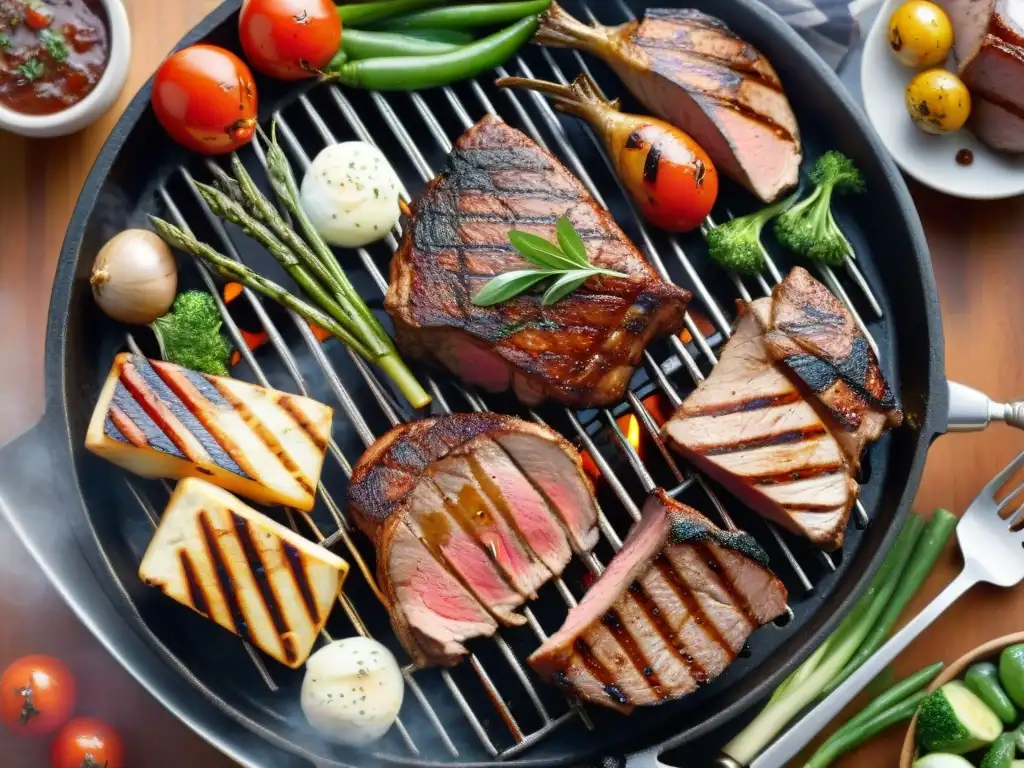 Una parrilla mixta perfectamente cocida con jugosos cortes de carne, pollo y costillas, lista para acompañar con vegetales