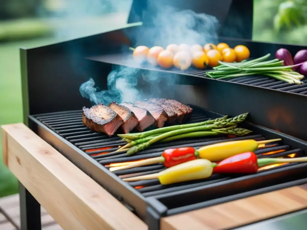 Una parrilla moderna con accesorios asado vegetariano tradición, verduras coloridas sizzling en la parrilla caliente