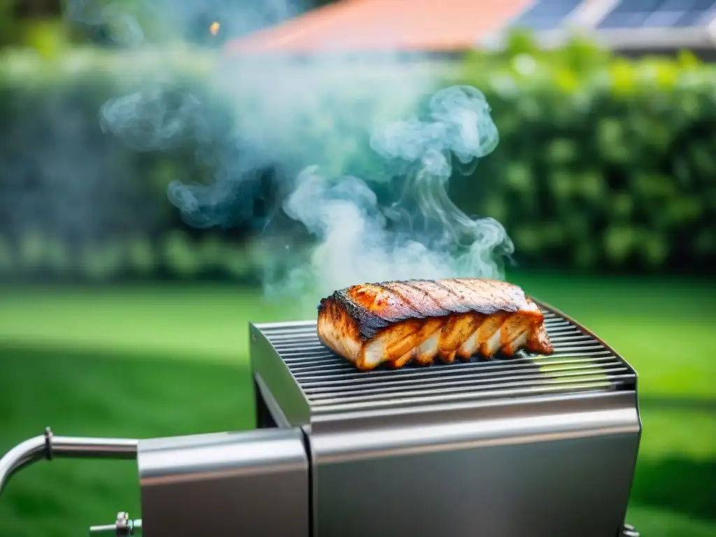 Una parrilla moderna y ecológica con tecnologías para parrillada más limpia, en un jardín verde con paneles solares al fondo