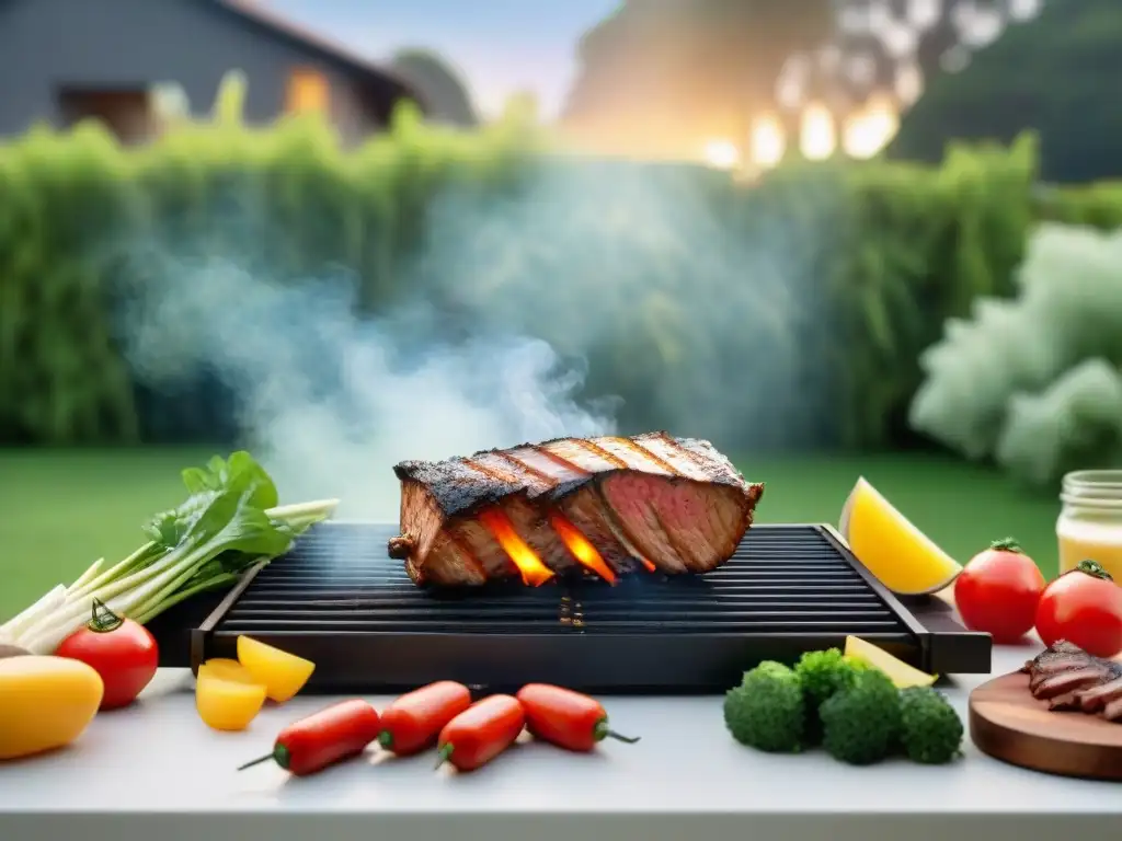 Una parrilla moderna en un jardín exuberante con cortes de carne y vegetales sizzling, innovando el asado uruguayo