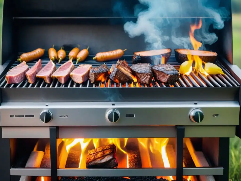 Una parrilla moderna con novedades en Uruguay, rodeada de carnes tradicionales y llamas vibrantes