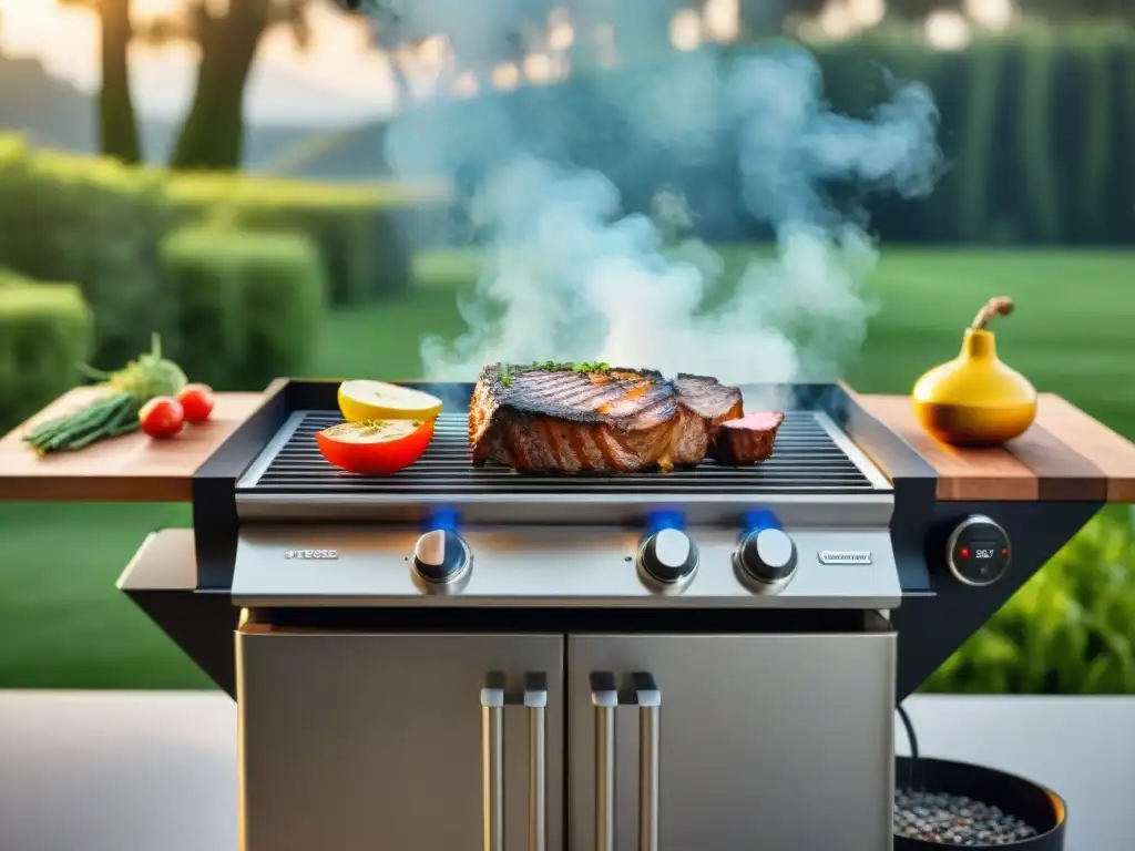 Una parrilla moderna en un patio verde, con técnicas de asado tradicionales modernas y una atmósfera acogedora al atardecer