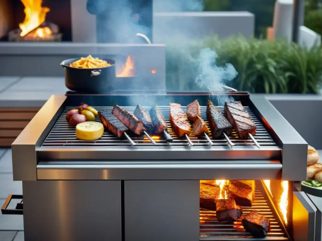 Una parrilla moderna rodeada de carnes variadas y ahumadas, en un patio contemporáneo con nueva técnicas de asado uruguayo