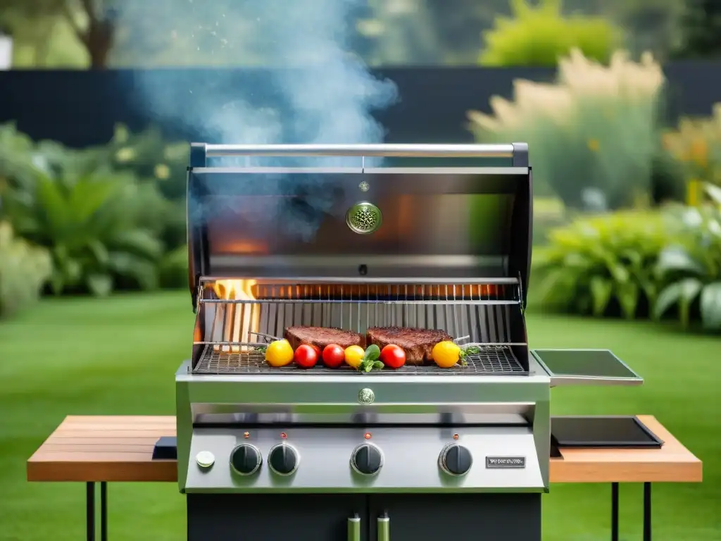 Una parrilla moderna y sostenible en un jardín verde con paneles solares, representando tecnologías para parrillada más limpia