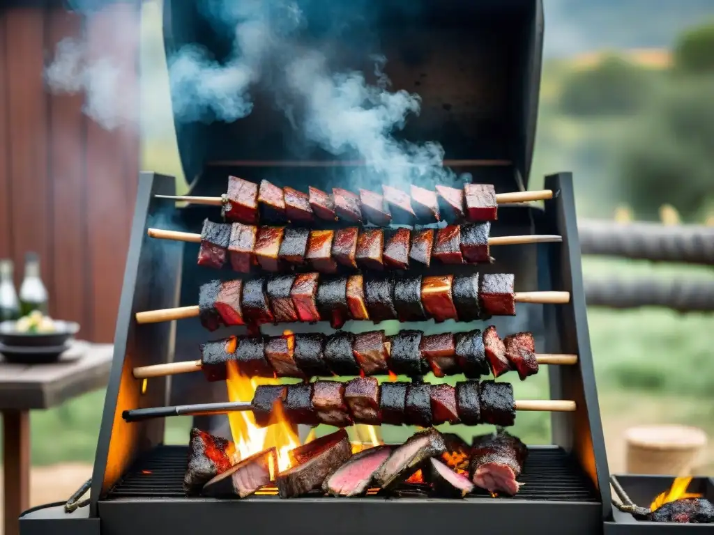 La parrilla perfecta para un auténtico asado uruguayo, con cortes suculentos cocinándose sobre brasas, rodeada de naturaleza y vino Tannat