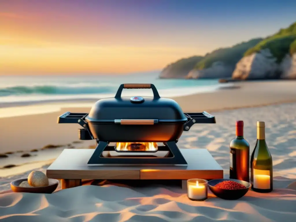 Una parrilla portátil de calidad en una playa al atardecer, rodeada de accesorios gourmet y utensilios premium