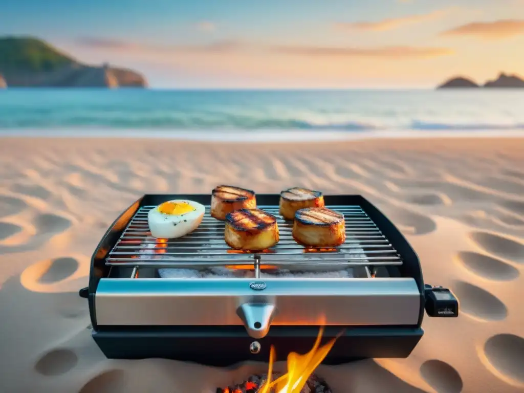 Parrilla portátil de calidad iluminando la playa al atardecer, con un diseño elegante de acero inoxidable y brasas brillantes