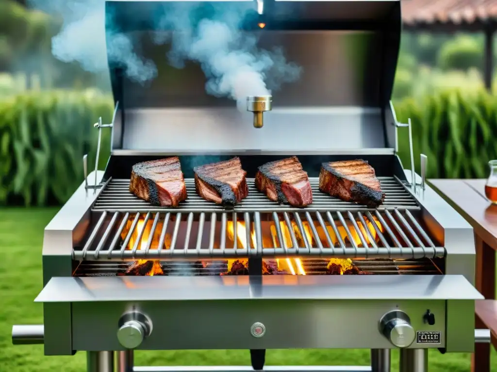 Una parrilla premium para asado uruguayo en un jardín soleado y verde