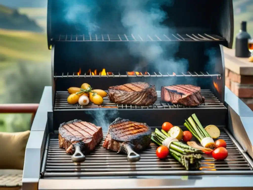 Parrilla premium para asado uruguayo brillando al sol con diseño detallado, rodeada de alimentos sizzling en un patio al aire libre