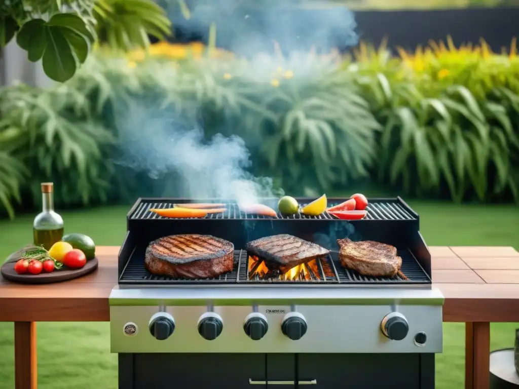 Una parrilla premium para asado uruguayo, brillante bajo el sol en un jardín exuberante con detalles y utensilios