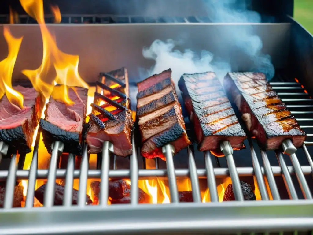 Parrilla premium para asado uruguayo con carne variada, brillando al sol con llamas danzantes