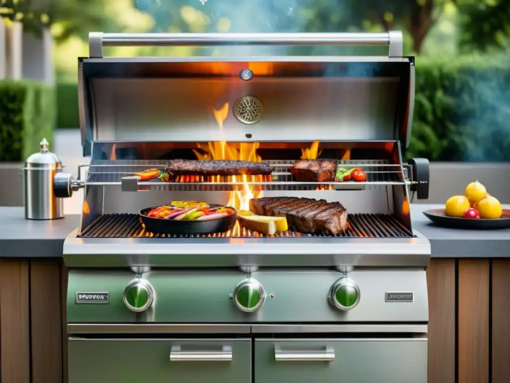 Una parrilla premium para asados perfectos brilla bajo el sol, rodeada de vegetación exuberante en un patio al aire libre