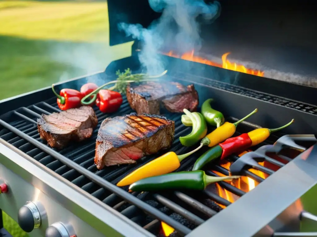 Parrilla premium para asados perfectos: carnes y vegetales cocinados a la perfección bajo el sol dorado del atardecer en un patio trasero