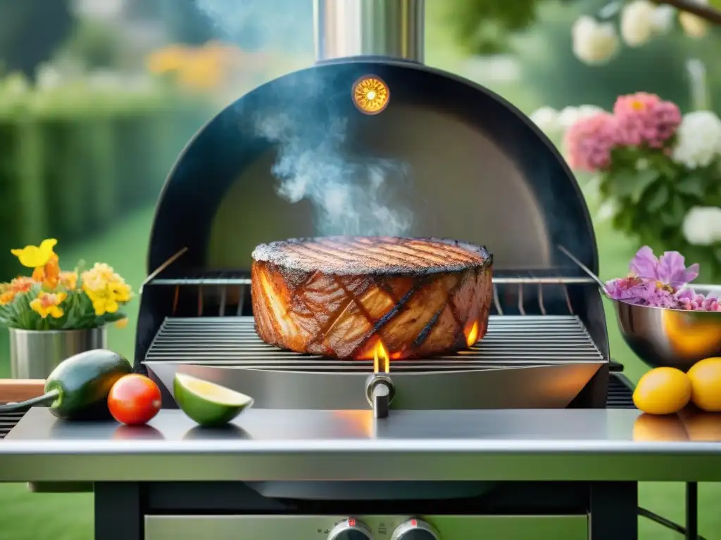 Una parrilla premium para asados perfectos en un jardín exuberante con flores vibrantes y luz dorada