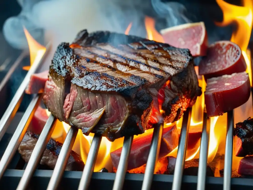 Una parrilla en Punta del Este: cortes premium de carne argentina sobre la parrilla caliente, creando una imagen irresistible