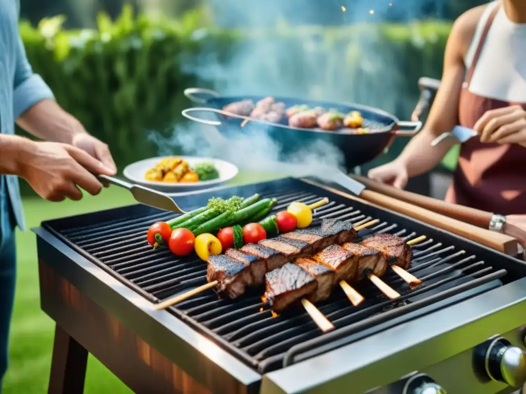 Una parrilla reluciente en un asado saludable en un jardín bien cuidado