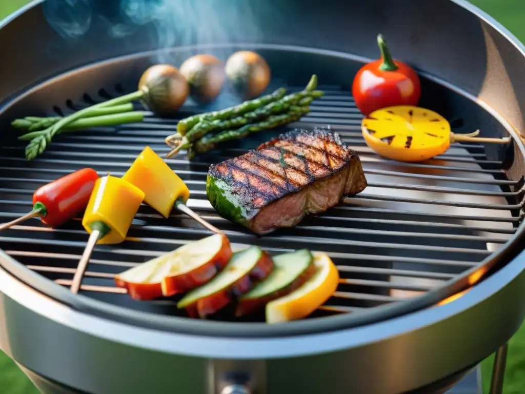 Una parrilla reluciente reflejando los colores vibrantes de un asado, lista para usar con productos limpieza parrilla asado