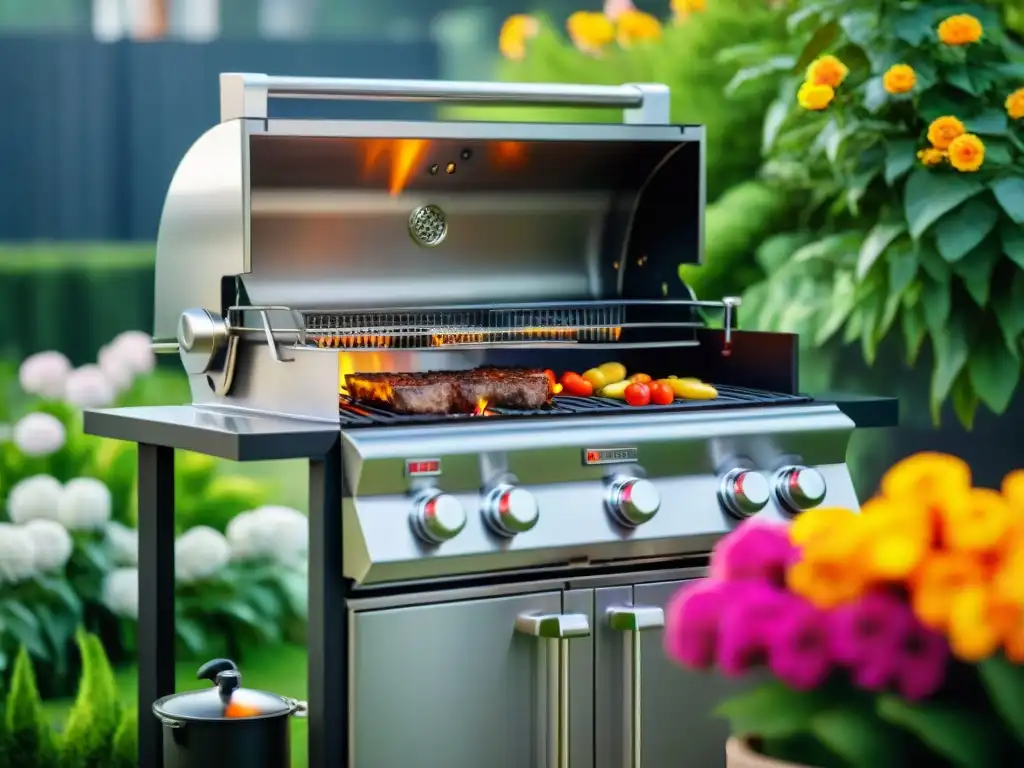 Una parrilla reluciente bajo el sol en un jardín exuberante