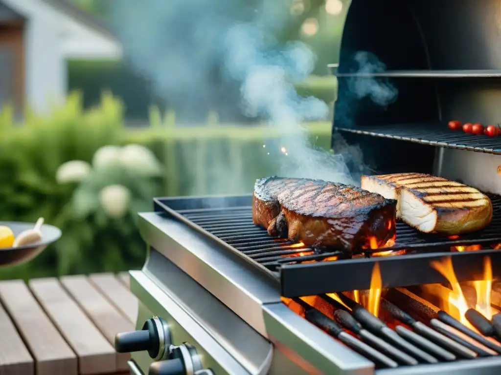 Una parrilla reluciente bajo el sol, lista para un asado perfecto en un patio sereno