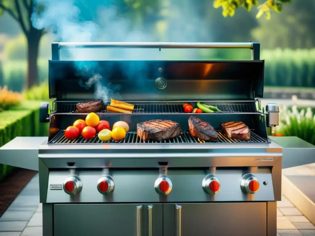 Una parrilla reluciente al sol, rodeada de naturaleza, con deliciosas carnes y vegetales asándose