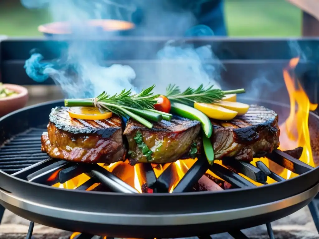 Una parrilla repleta de asado uruguayo recetas alternativas, con carnes vegetales y ahumadas brillantes, rodeada de hierbas y vegetales frescos