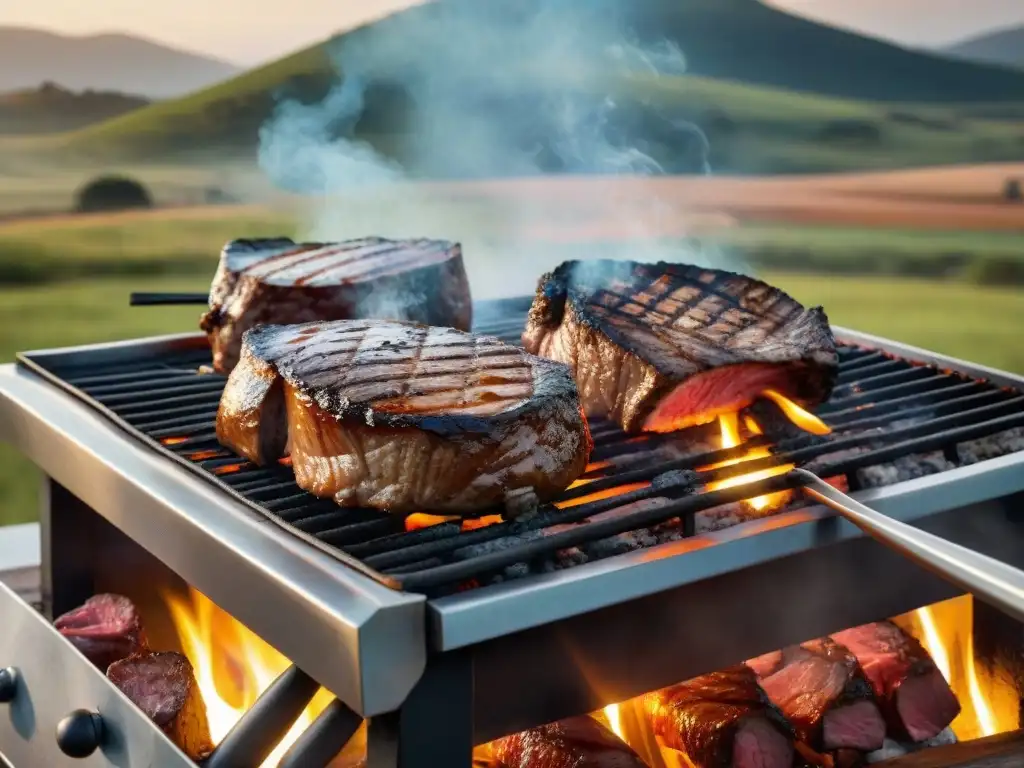 Una parrilla repleta de carne jugosa en pleno campo uruguayo al atardecer, los mejores spots asado Uruguay