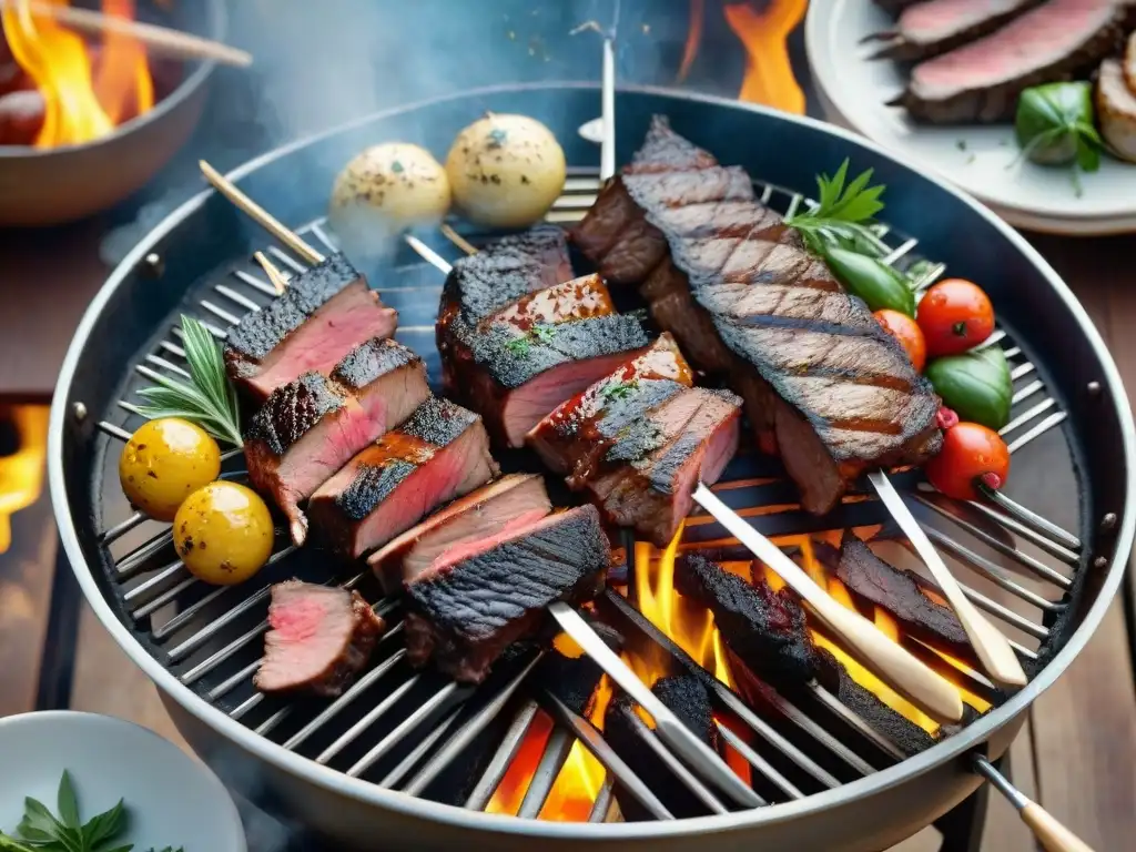 Una parrilla repleta de carnes exóticas como canguro, avestruz y jabalí, con marinadas coloridas y hierbas frescas