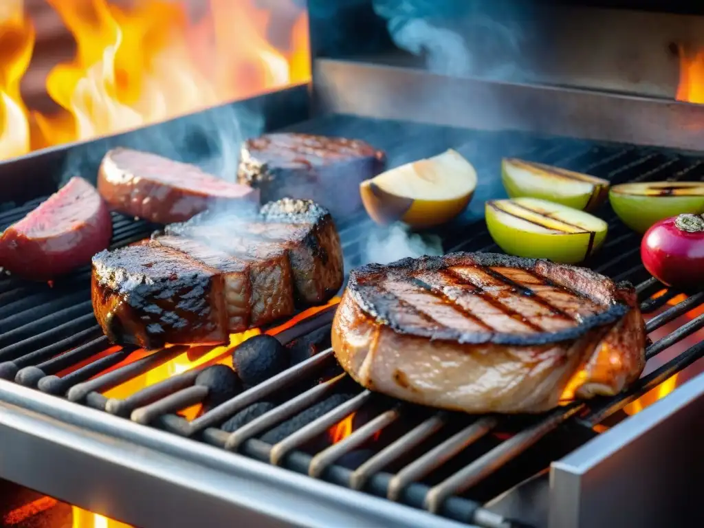 Una parrilla repleta de carnes jugosas y vegetales caramelizados, emanando humo tentador bajo el sol