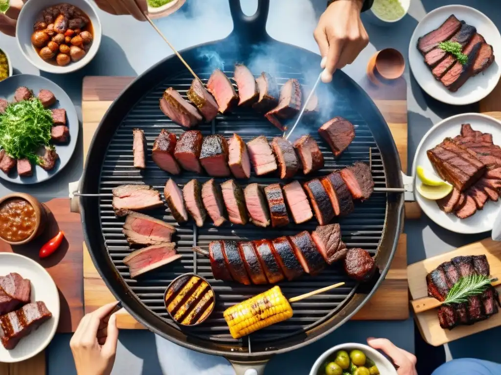 Una parrilla repleta de suculentas carnes uruguayas rodeada de familias y amigos disfrutando juntos de un asado tradicional