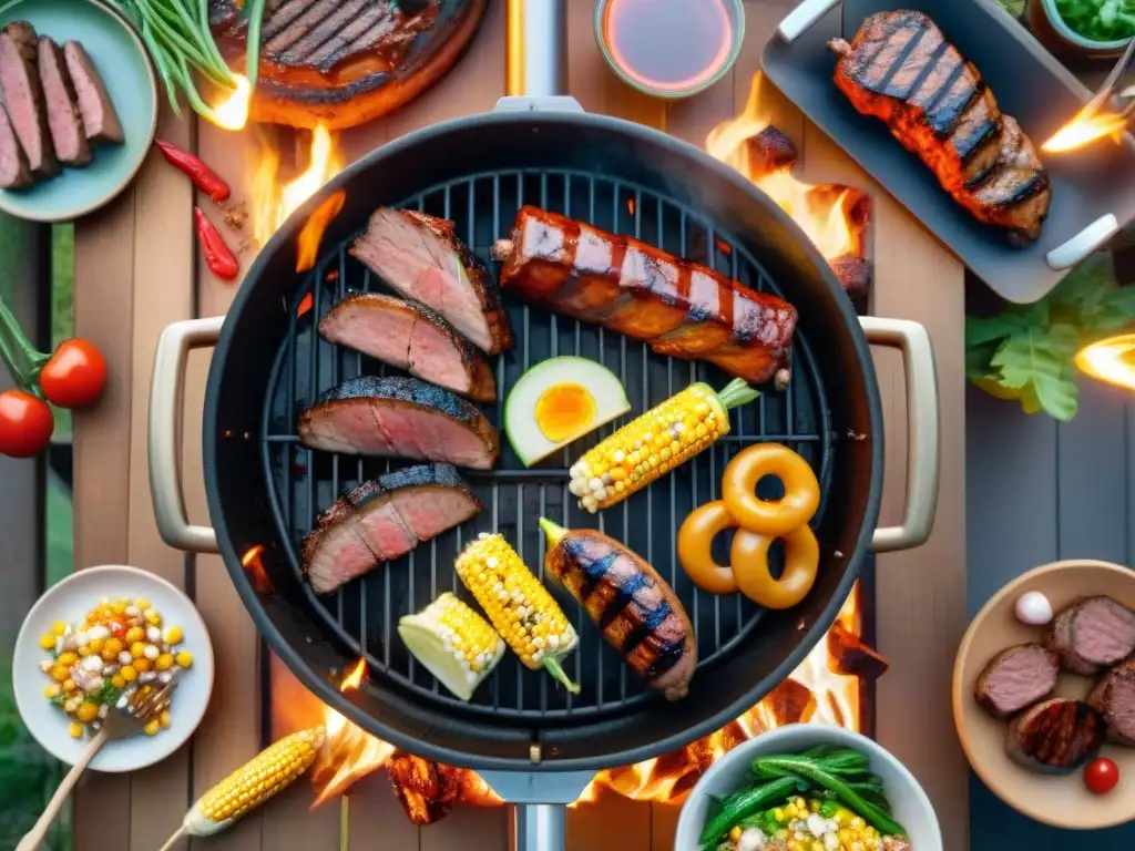 Una parrilla repleta de carnes y vegetales a la parrilla, con amigos en un patio iluminado, perfecta para fotografiar asados para Instagram