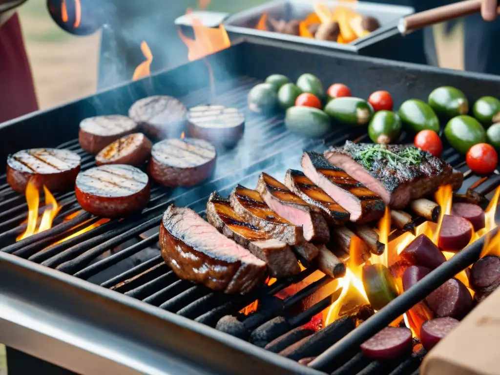 Una parrilla repleta de cortes suculentos, chorizos y vegetales, todo a la perfección caramelizado, listo para un asado uruguayo