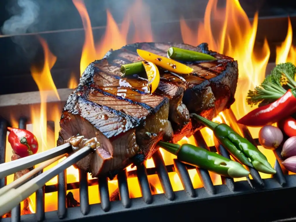 Una parrilla repleta de las mejores carnes exóticas para asado, rodeadas de vegetales y chisporroteando en un festín visual irresistible